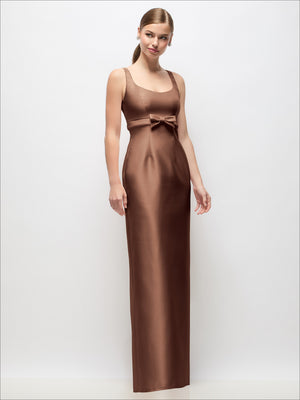 Scoop-neck satin column maxi dress in dark brown, with bow at empire waist