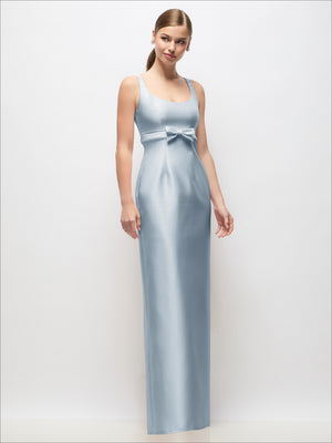 Light blue satin maxi column dress with scoop neckline and empire waist bow