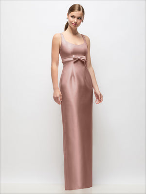 Scoop-neck satin column maxi dress in blush pink, bow at empire waist