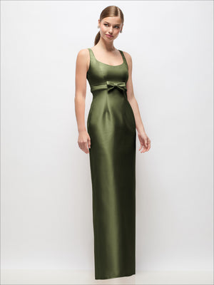 Scoop-neck satin column maxi dress with bow at empire waist, olive green.