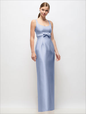 Scoop neck satin column maxi dress in light blue with bow at empire waist