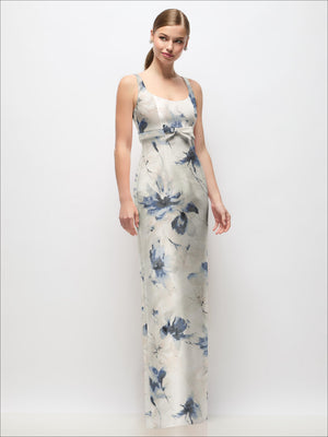 Scoop neck floral satin column maxi dress in cream with blue florals and bow at empire waist