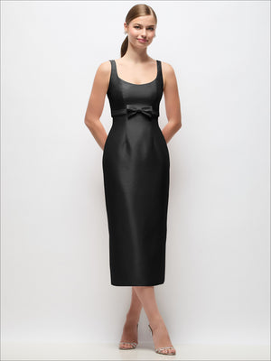 Scoop-neck satin column midi dress in black, empire waist bow detail