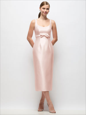 Light pink satin column midi dress with scoop neck and bow at empire waist