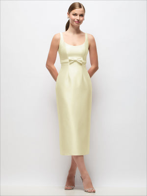 Light yellow satin column midi dress with scoop neck, empire waist bow, sleeveless