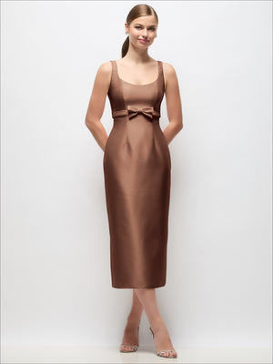 Satin column midi dress with scoop neck and bow detail at empire waist, cocoa brown