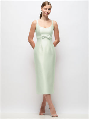 Mint green satin column midi dress with scoop neckline and tied empire bow, sleeveless