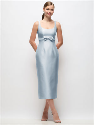 Light blue satin column midi dress with scoop neckline and empire-waist bow, sleeveless