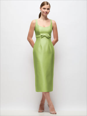 Lime green satin column midi dress with scoop neck and empire waist bow, sleeveless