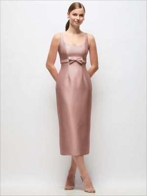 Blush satin midi column dress, scoop neck, bow at empire waist