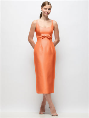 Scoop-neck satin column midi dress in orange, empire waist bow detail
