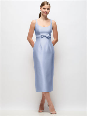 Periwinkle blue satin column midi dress with scoop neck and empire-waist bow, sleeveless