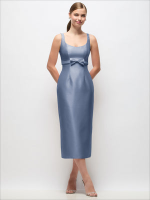 Blue satin midi column dress, scoop neck, bow at empire waist