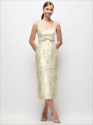 Cream satin floral midi column dress with scoop neck and bow at empire waist