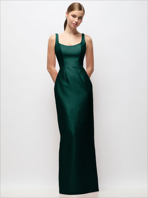 Scoop neck satin column maxi dress, sleeveless, dark teal green with fitted column silhouette.