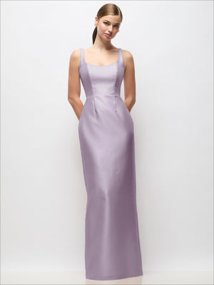 Lilac satin column maxi dress with scoop neckline and sleeveless design