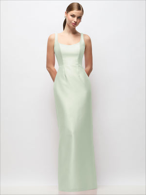 Satin column maxi dress in pale green with scoop neck, sleeveless design, fitted waist.