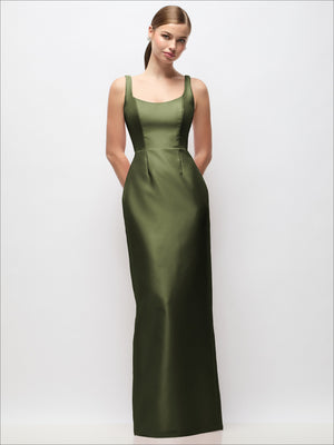 Scoop neck satin column maxi dress, sleeveless, olive green with fitted column silhouette.
