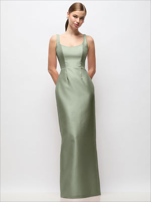 Green satin column maxi dress with scoop neck, sleeveless cut and fitted waist.