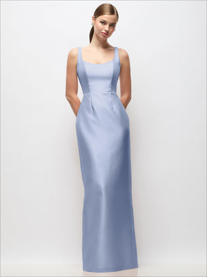 Blue satin column maxi dress with scoop neck, sleeveless design and fitted waist.