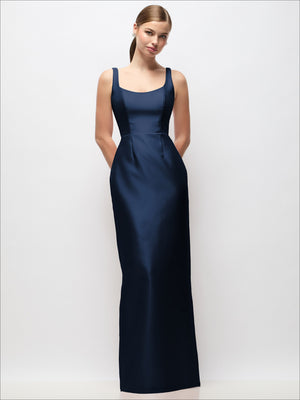 Satin column maxi dress with scoop neckline, dark navy, sleeveless front view