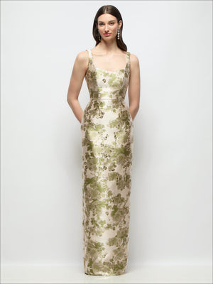 Peridot floral jacquard scoop-neck sleeveless maxi column dress