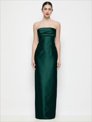 Strapless satin maxi dress in dark green with ruched bust and column silhouette