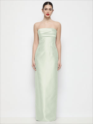 Pale mint strapless satin column maxi dress with pleated empire bodice