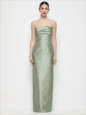 Sage green strapless satin column maxi dress with pleated empire bodice