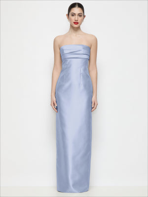 Light blue strapless satin column maxi dress with pleated bust and empire waist