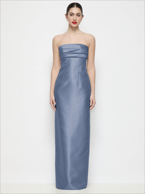 Blue strapless satin column maxi dress with bandeau top, front view