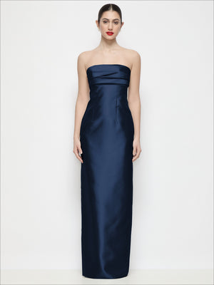Strapless satin column maxi dress, dark navy, bandeau neckline and long column silhouette
