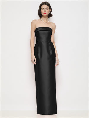 Black strapless satin maxi column dress with bandeau neckline and side slit