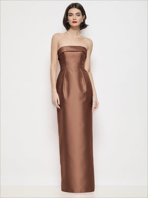 Cognac satin strapless cuff-neck maxi dress with column skirt and sleek fitted bodice