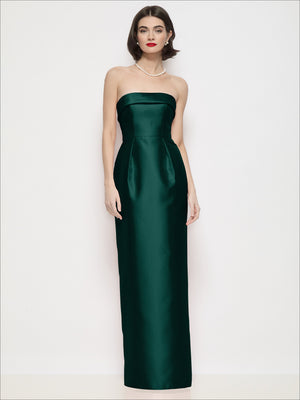 Dark green strapless satin maxi dress with cuff neckline and column skirt