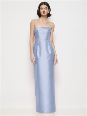 Powder blue strapless satin maxi dress with wide cuff neckline and column skirt