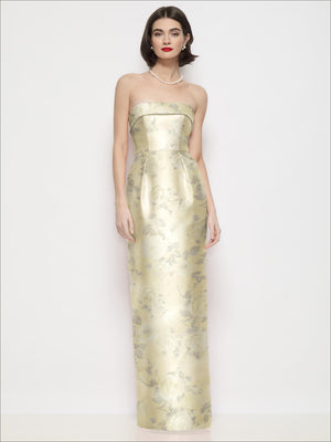 Strapless satin maxi dress, pale yellow floral column skirt with cuff neckline