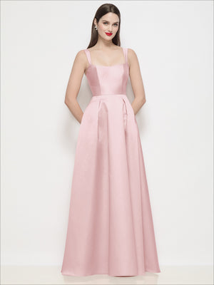 Blush satin maxi dress with square neckline, spaghetti straps, pleated skirt