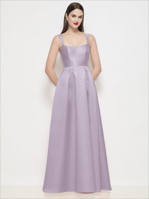 Lilac satin maxi dress with shaped straps, square neckline, and pleated skirt panels