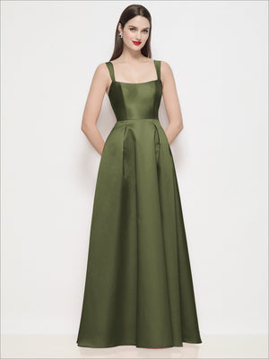 Olive satin maxi dress with square neckline, shaped waist, pleated skirt
