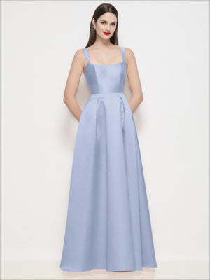Powder blue satin maxi dress with shaped bodice, pleated skirt, and thin shoulder straps