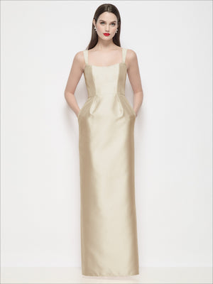 Champagne satin maxi dress with shaped bodice, thin straps, square neckline, column skirt