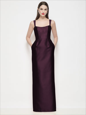 Dark plum satin maxi dress with square neckline, shaped bodice, and thin shoulder straps