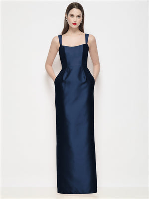 Navy satin maxi dress with thin straps and square neckline, column skirt silhouette