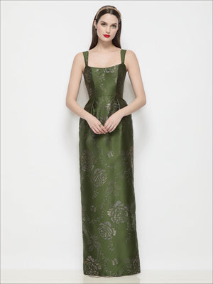 Olive satin maxi dress with embossed gilt floral, shaped bodice, thin straps, column fit.
