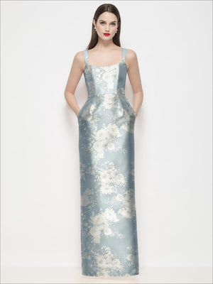 Blue satin maxi dress with white floral print, shaped bodice, column skirt