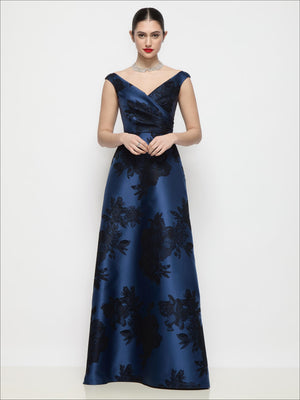 Navy satin maxi dress with off-shoulder neckline, crossover bodice, flocked floral pattern
