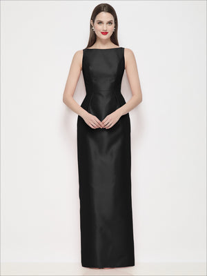 Black satin maxi dress with sleeveless bateau neckline, fitted waist and column skirt