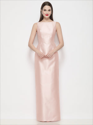 Satin maxi dress with bateau neckline and pleated column skirt, blush pink