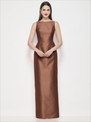Cognac satin maxi dress with bateau neckline and pleated column skirt